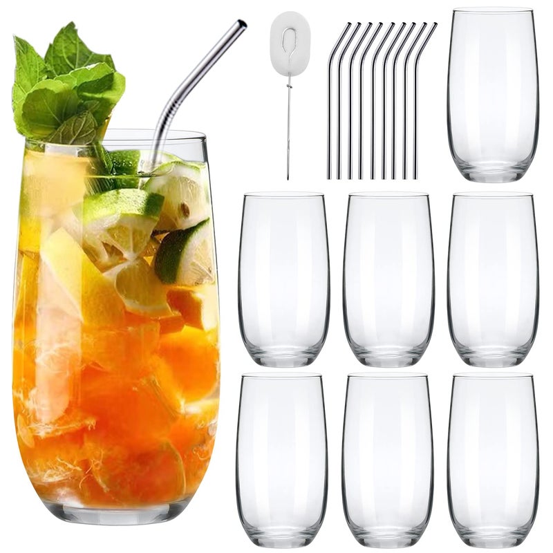 Ufrount Highball Glasses SetTall Drinking Cups Set of 8Clear Water Glass Tumblers with Straws16 OZ Glassware for KitchenBarMojitoCocktailJuiceMixed DrinkWaterBeer