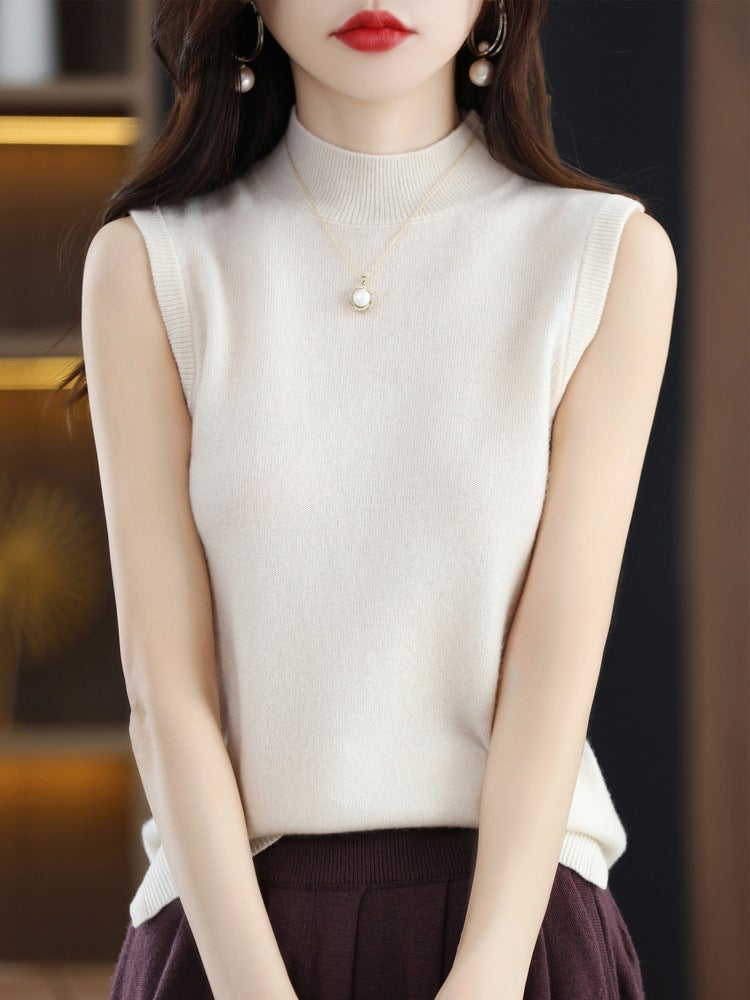25 Semi-High Collar Pullover Solid Color Base Sleeveless T-Shirt With Camisole Versatile Knitted Top - Image 4