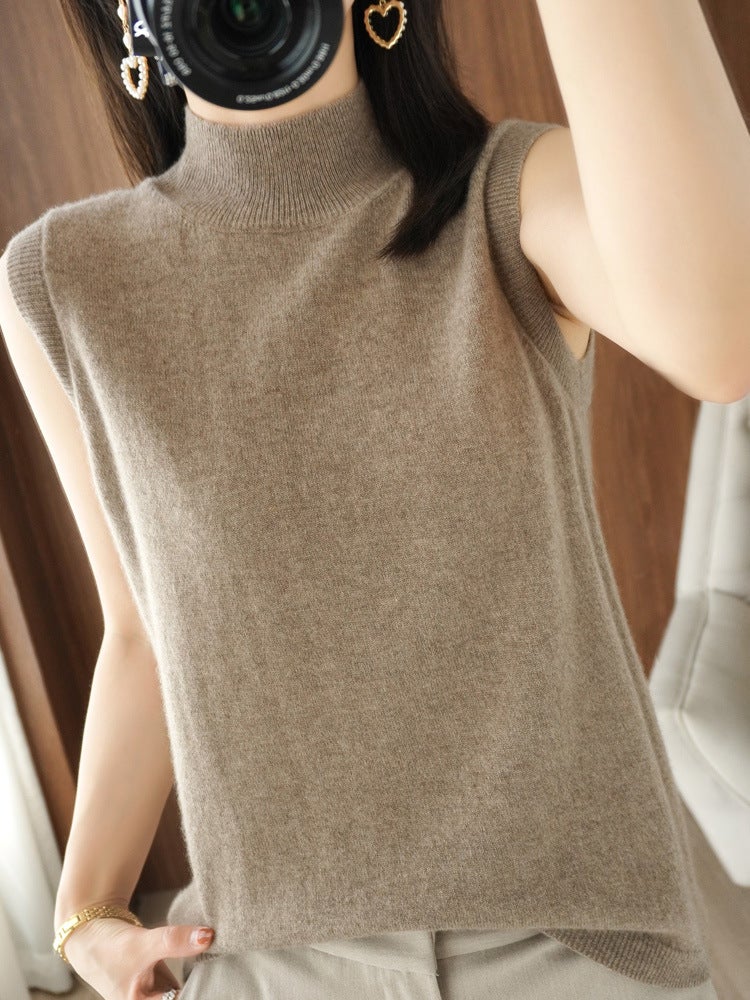25 Semi-High Collar Pullover Solid Color Base Sleeveless T-Shirt With Camisole Versatile Knitted Top - Image 1