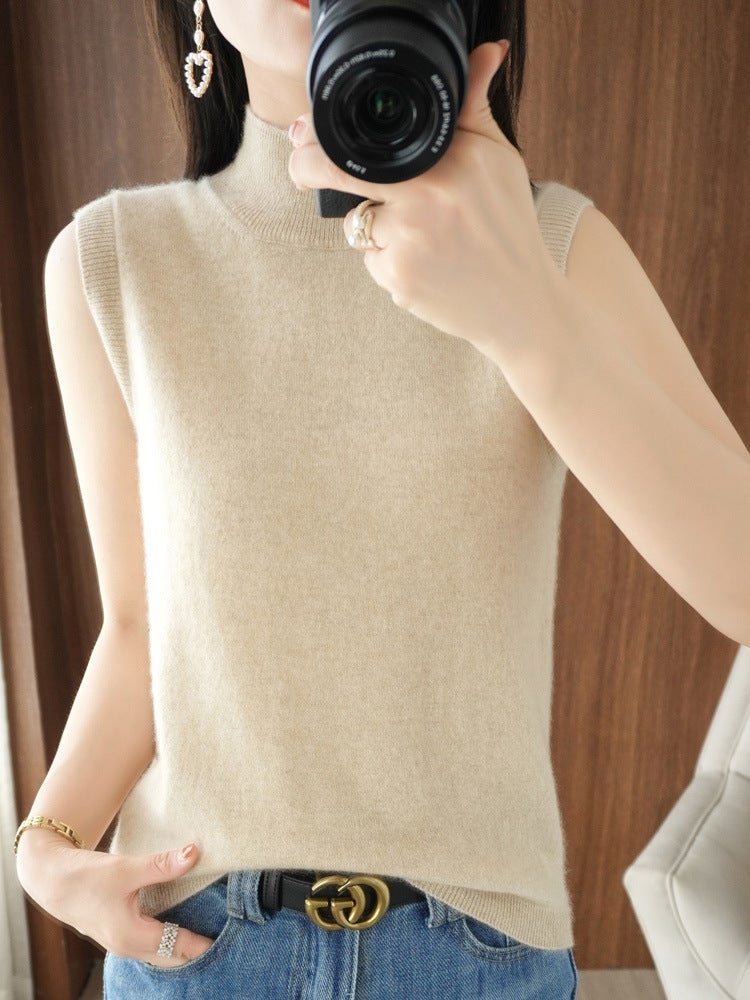 25 Semi-High Collar Pullover Solid Color Base Sleeveless T-Shirt With Camisole Versatile Knitted Top - Image 2