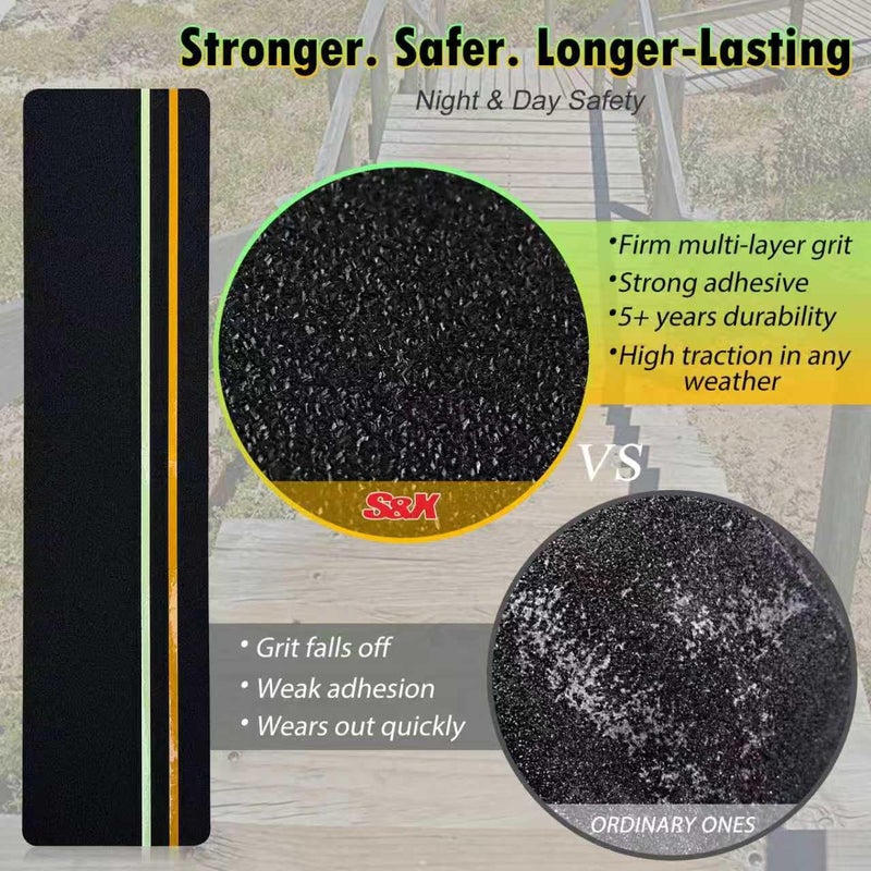 SX S&X 10-Pack Outdoor Stair Treads Non-Slip with Reflective & Glow-in-The-Dark Strips Pre-Cut 6" x 24" Heavy Duty Anti Slip Tape High Traction Waterproof â€“ Perfect for Stairs, Ramps, Decks, Boats - Image 3