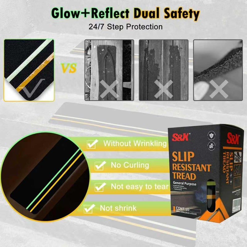 SX S&X 10-Pack Outdoor Stair Treads Non-Slip with Reflective & Glow-in-The-Dark Strips Pre-Cut 6" x 24" Heavy Duty Anti Slip Tape High Traction Waterproof â€“ Perfect for Stairs, Ramps, Decks, Boats - Image 2