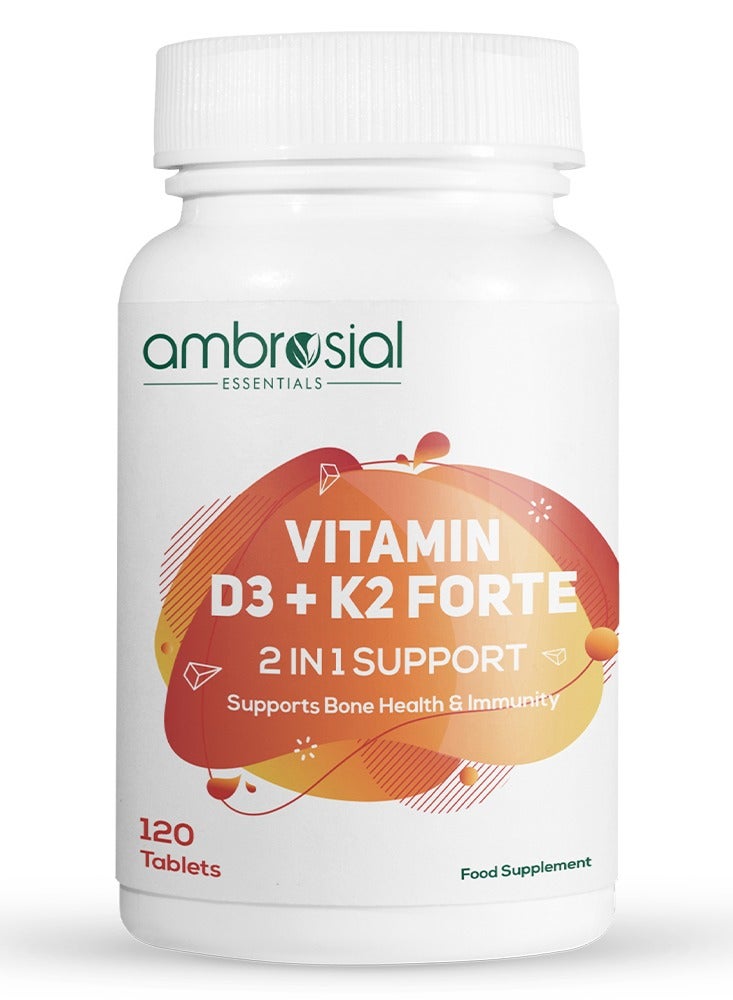Ambrosial Vitamin D3 K2 Forte | Vitamin D3 (600 IU) with MK-7 Vitamin K2 | High Absorption Daily Supplement | Plant-Based Formula | 120 Tablets - Image 1
