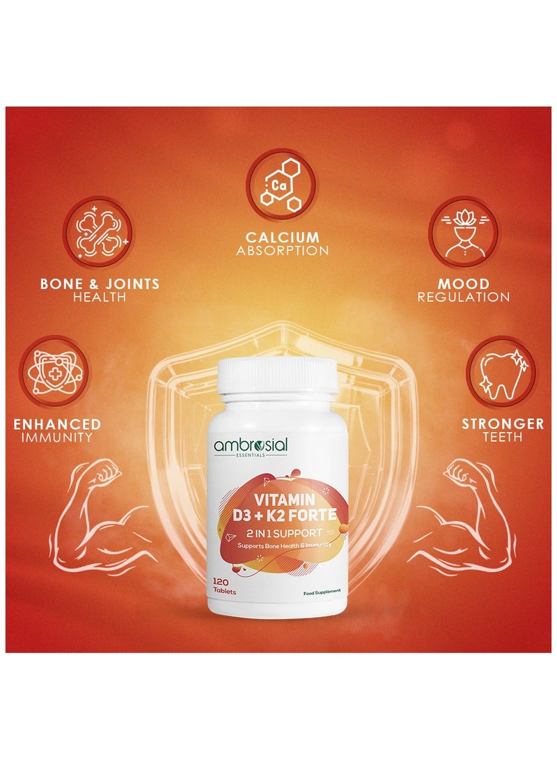 Ambrosial Vitamin D3 K2 Forte | Vitamin D3 (600 IU) with MK-7 Vitamin K2 | High Absorption Daily Supplement | Plant-Based Formula | 120 Tablets - Image 2