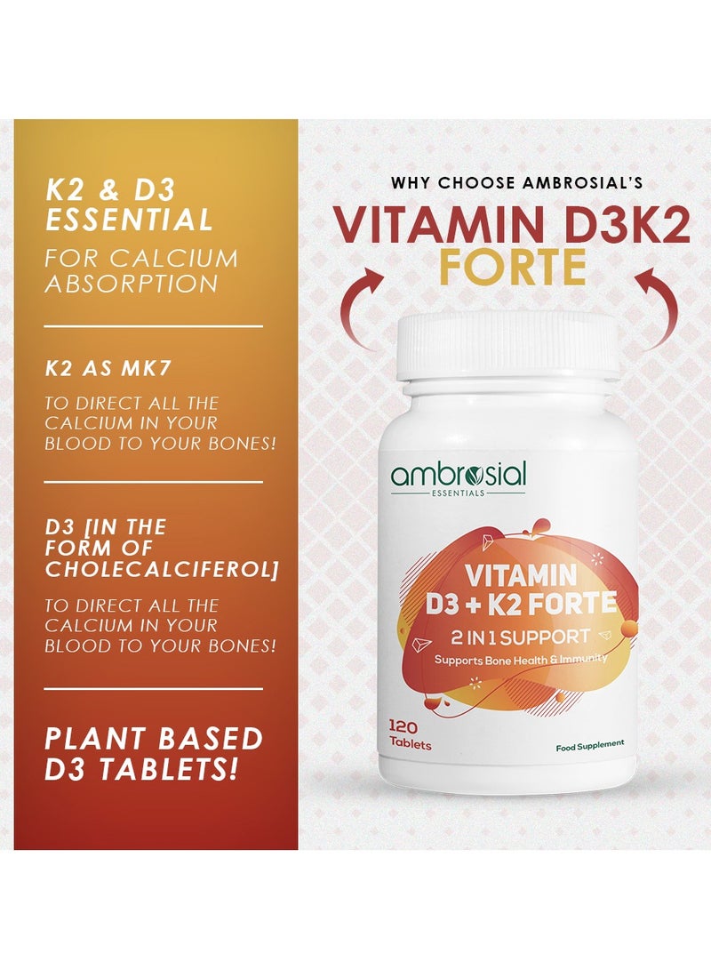 Ambrosial Vitamin D3 K2 Forte | Vitamin D3 (600 IU) with MK-7 Vitamin K2 | High Absorption Daily Supplement | Plant-Based Formula | 120 Tablets - Image 3