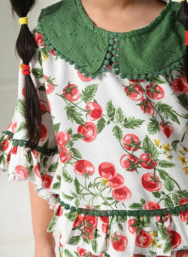 BELLA MODA Bella Moda Printed Ruffled Hem Round Neck Top and Shorts Set