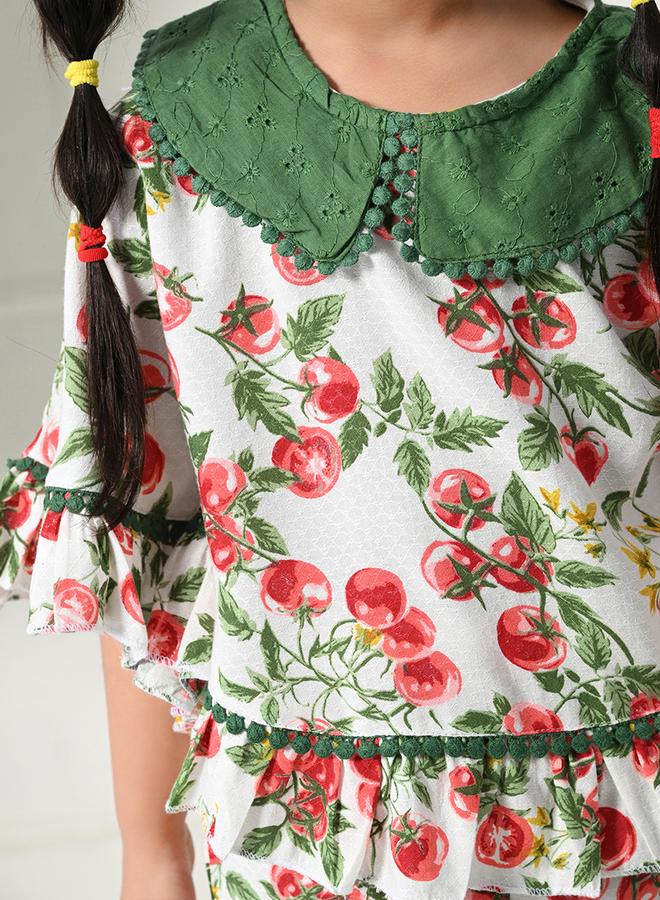 بيلا مودا طقم بيلا مودا بلوزة وشورت بطبعات وحافة مكشكشة ورقبة مستديرة - Image 3