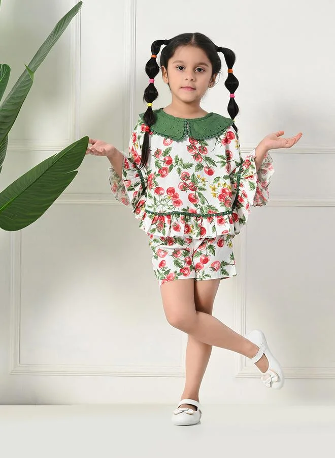 BELLA MODA Bella Moda Printed Ruffled Hem Round Neck Top and Shorts Set