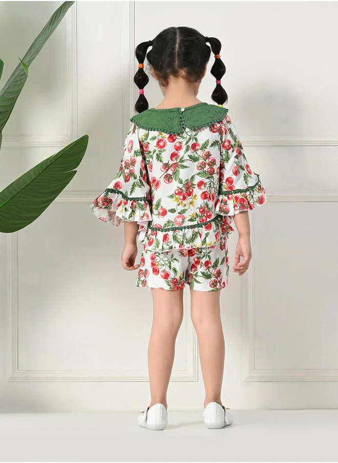 بيلا مودا Bella Moda Printed Ruffled Hem Round Neck Top and Shorts Set