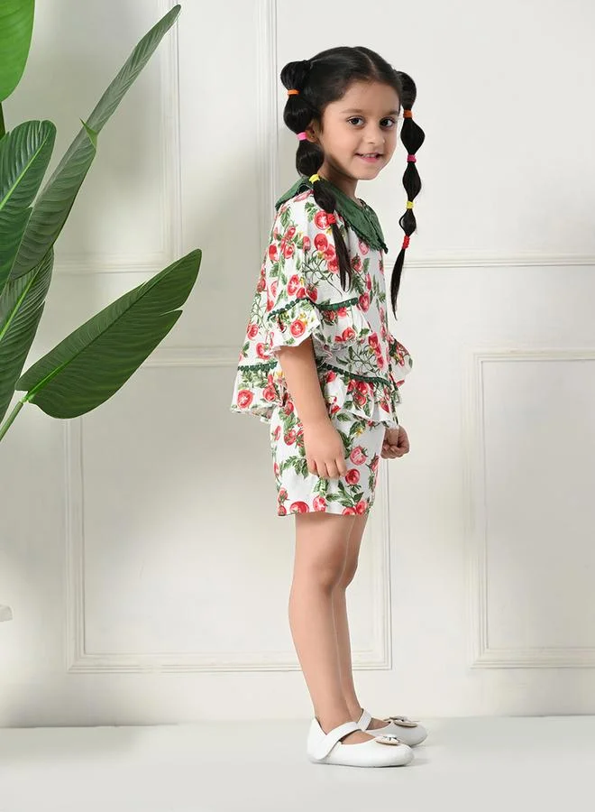 BELLA MODA Bella Moda Printed Ruffled Hem Round Neck Top and Shorts Set