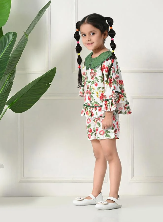 BELLA MODA Bella Moda Printed Ruffled Hem Round Neck Top and Shorts Set