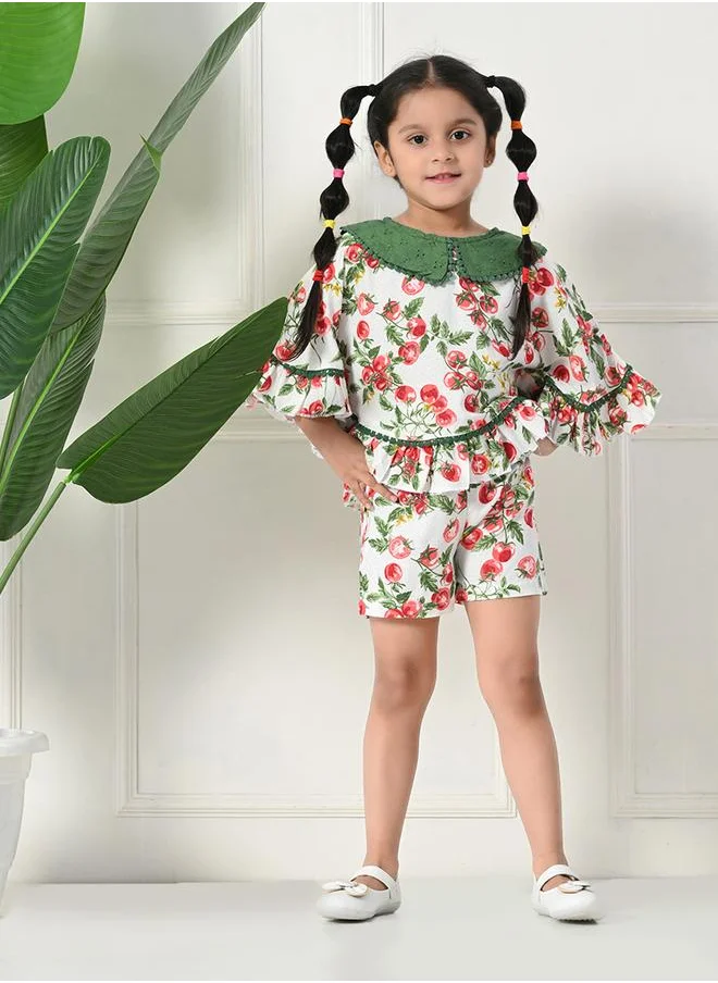 بيلا مودا Bella Moda Printed Ruffled Hem Round Neck Top and Shorts Set