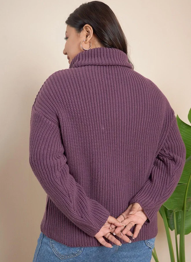 CURVY STREET Mauve Ribbed Turtle Neck Pullover for Women