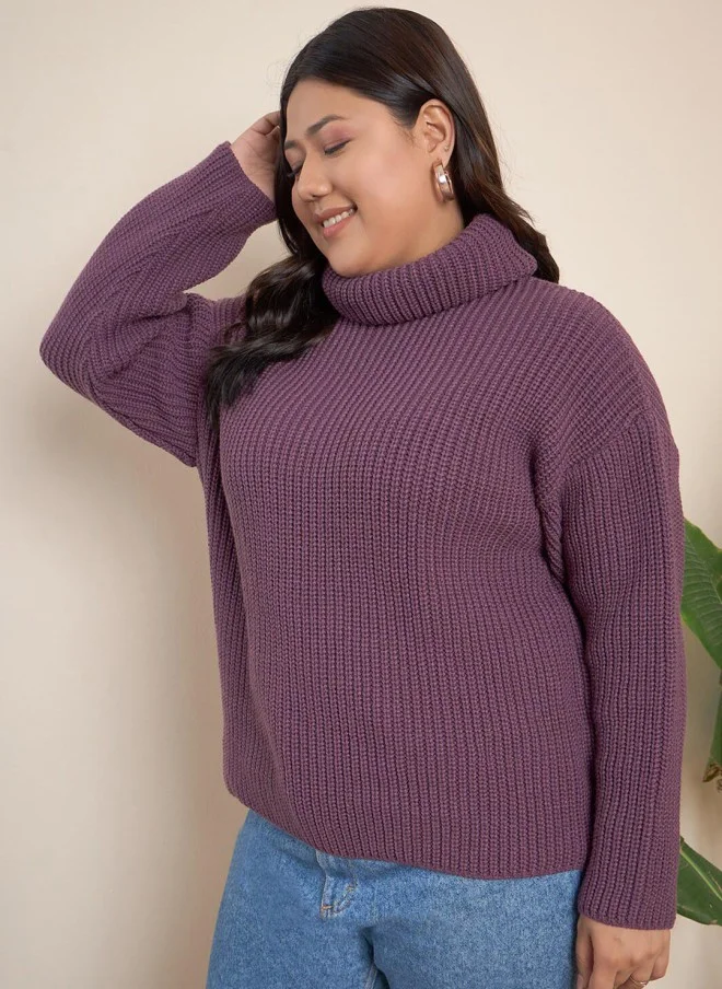 CURVY STREET Mauve Ribbed Turtle Neck Pullover for Women