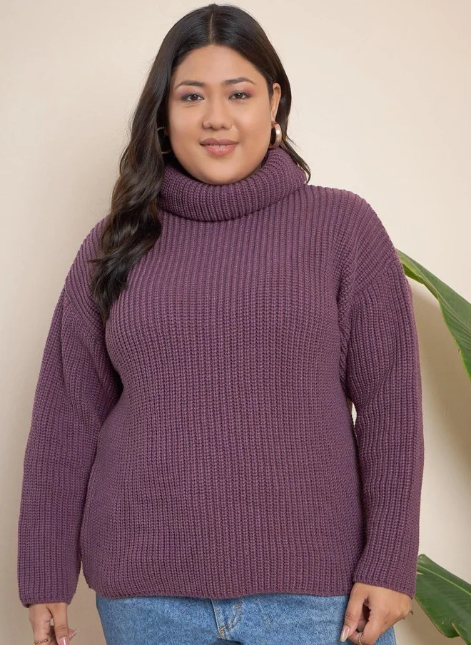 CURVY STREET Mauve Ribbed Turtle Neck Pullover for Women