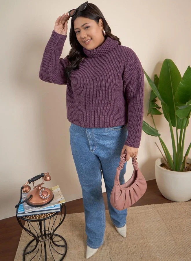 CURVY STREET Mauve Ribbed Turtle Neck Pullover for Women