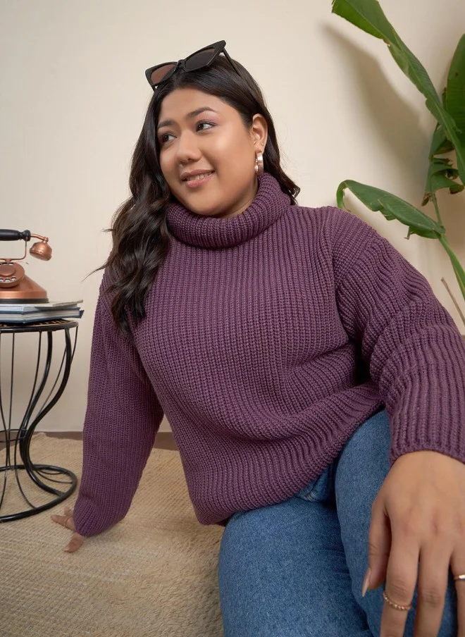 CURVY STREET Mauve Ribbed Turtle Neck Pullover for Women