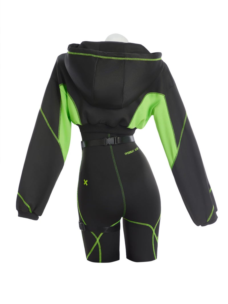 Cosplay.fm Women Cyber Suit Long Sleeve Workout Jumpsuit with Crop Hooded Sweatshirt and Belt Harness (Black, S) - Image 3