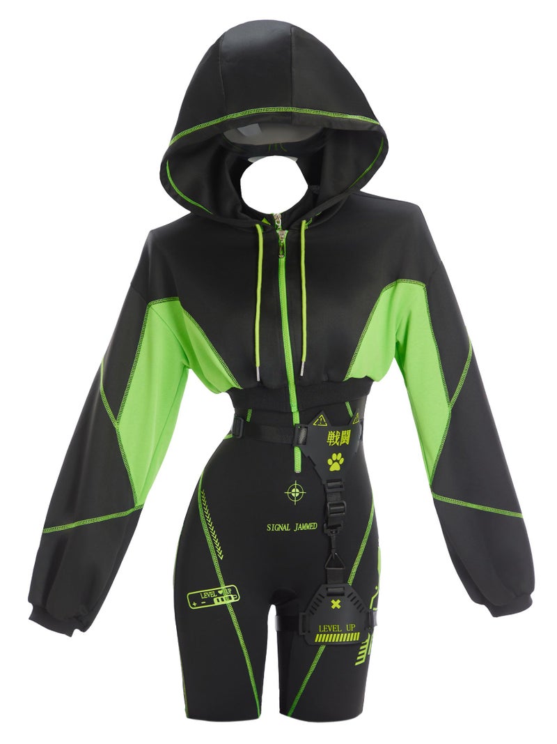 Cosplay.fm Women Cyber Suit Long Sleeve Workout Jumpsuit with Crop Hooded Sweatshirt and Belt Harness (Black, S) - Image 1