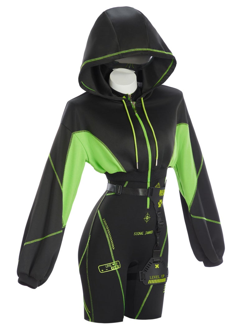 Cosplay.fm Women Cyber Suit Long Sleeve Workout Jumpsuit with Crop Hooded Sweatshirt and Belt Harness (Black, S) - Image 2
