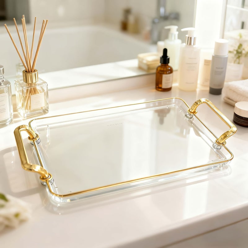 Transparent Acrylic Bathroom Tray Multifunctional Desktop Organizer Light Luxury Golden Edged Cosmetic Tray With Golden Handles European Retro Bathroom Storage Tray Toiletry And Makeup Display Tray For Soap Cosmetics And Toiletries Size M - Image 4