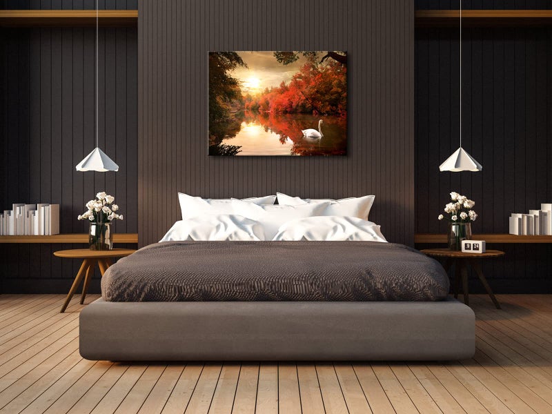 Pyradecor Large Giclee Canvas Prints Wall Art Red Trees Swan Lake Pictures Paintings for Living Room Bedroom Home Decorations Modern Stretched Autumn Forest Sunset Landscape Artwork - Image 2