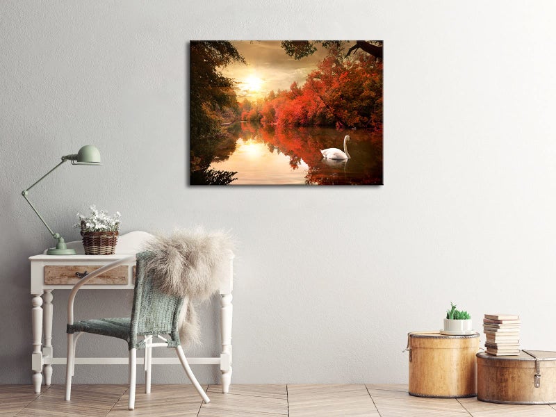 Pyradecor Large Giclee Canvas Prints Wall Art Red Trees Swan Lake Pictures Paintings for Living Room Bedroom Home Decorations Modern Stretched Autumn Forest Sunset Landscape Artwork - Image 5