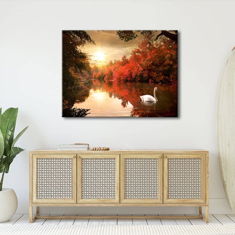 Pyradecor Large Giclee Canvas Prints Wall Art Red Trees Swan Lake Pictures Paintings for Living Room Bedroom Home Decorations Modern Stretched Autumn Forest Sunset Landscape Artwork - Image 4