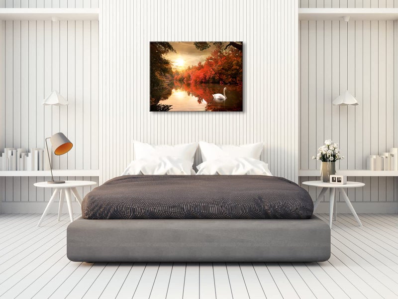 Pyradecor Large Giclee Canvas Prints Wall Art Red Trees Swan Lake Pictures Paintings for Living Room Bedroom Home Decorations Modern Stretched Autumn Forest Sunset Landscape Artwork - Image 3