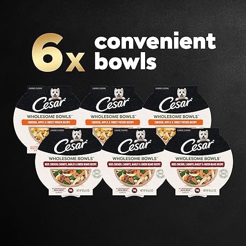Cesar Wholesome Bowls Adult Wet Dog Food, Beef, Chicken, Carrots, Barley & Green Beans Recipe and Chicken, Apple & Sweet Potato Recipe Variety Pack, 3 oz. (6 Count, Pack of 1) - Image 2