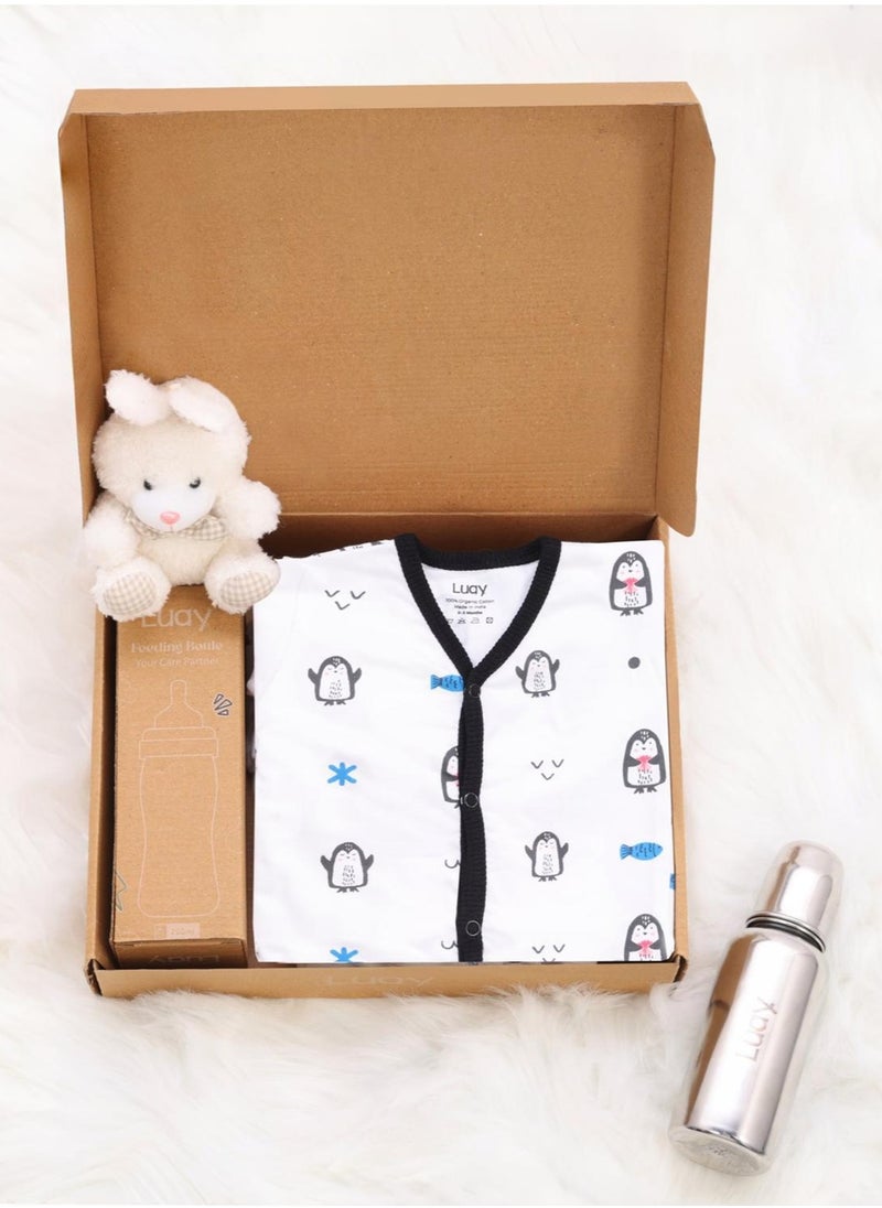 LUAY Premium Gift Box Set with The Baby Romper, Baby Feeding Bottle and Teddy Bear Best Hamper for Babies (0-3 M) 