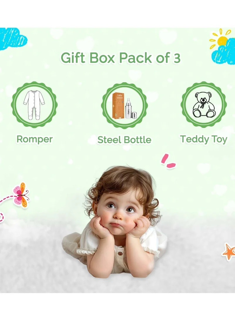 Luay 0-3M Premium Gift Box Set with The Baby Romper, Baby Feeding Bottle and Teddy Bear Best Hamper for Babies  | Best Price UAE