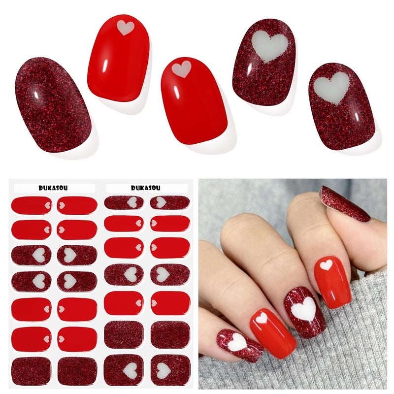 DUKASOU Semi Cured Gel Nail Strips, Heart Signal | 28 pcs Gel Nail Strips Work with Any UV Lamp, Salon Quality UV Gel Nail Stickers, Easy to Apply for Home Nails DIY