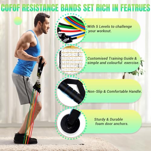 COFOF Resistance Bands Set with Yellow Handles, Exercise/Workout/Fitness Bands with Door Anchor, Legs Ankle Straps for Resistance Training，Physical Therapy，Home Gym Workout - Image 2