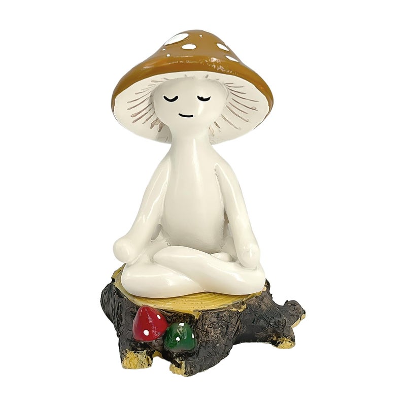 FALESHOS Meditation Mushroom Decor Resin Statue and Stump - Adorable Resin Ornament for Desk, Office, or Garden Display, Mushroom Garden Decoration - Image 1