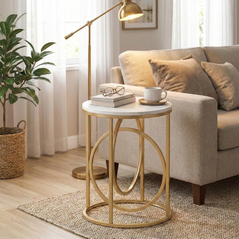 LITTLE TREE 20â€ Round End Tableï¼ŒModern Sofa Side Table with Gold O-Shaped Base, Faux Marble White Cocktail Table Accent Table Nightstand for Living Room Bedroom, 2PCS - Image 5