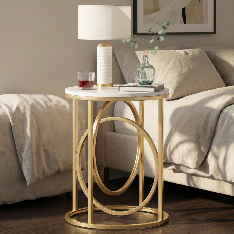LITTLE TREE 20â€ Round End Tableï¼ŒModern Sofa Side Table with Gold O-Shaped Base, Faux Marble White Cocktail Table Accent Table Nightstand for Living Room Bedroom, 2PCS - Image 2