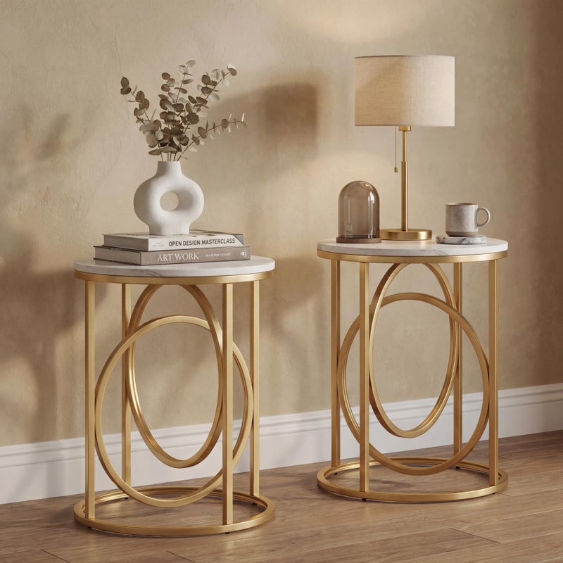 LITTLE TREE 20â€ Round End Tableï¼ŒModern Sofa Side Table with Gold O-Shaped Base, Faux Marble White Cocktail Table Accent Table Nightstand for Living Room Bedroom, 2PCS - Image 1