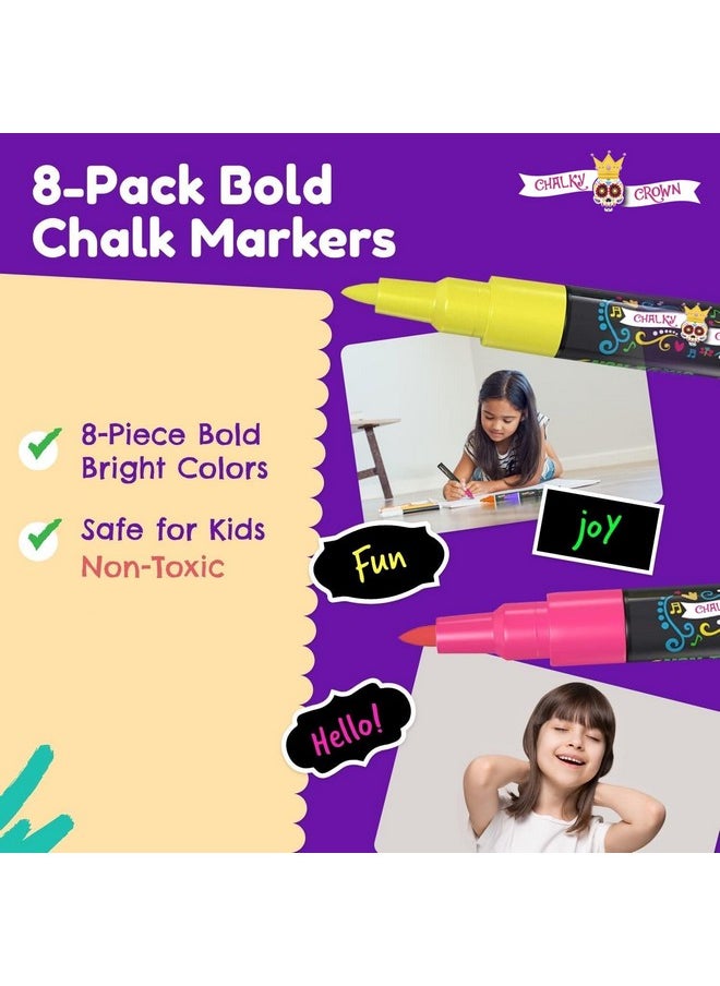CHALKY CROWN CHALKY CROWN Bold Chalk Markers - Dry Erase Marker Pens - Liquid Chalk Markers for Chalkboards, Signs, Windows, Blackboard, Glass - Reversible Tip (8 Pack) - (Multicolored, 1mm)  - Image 2