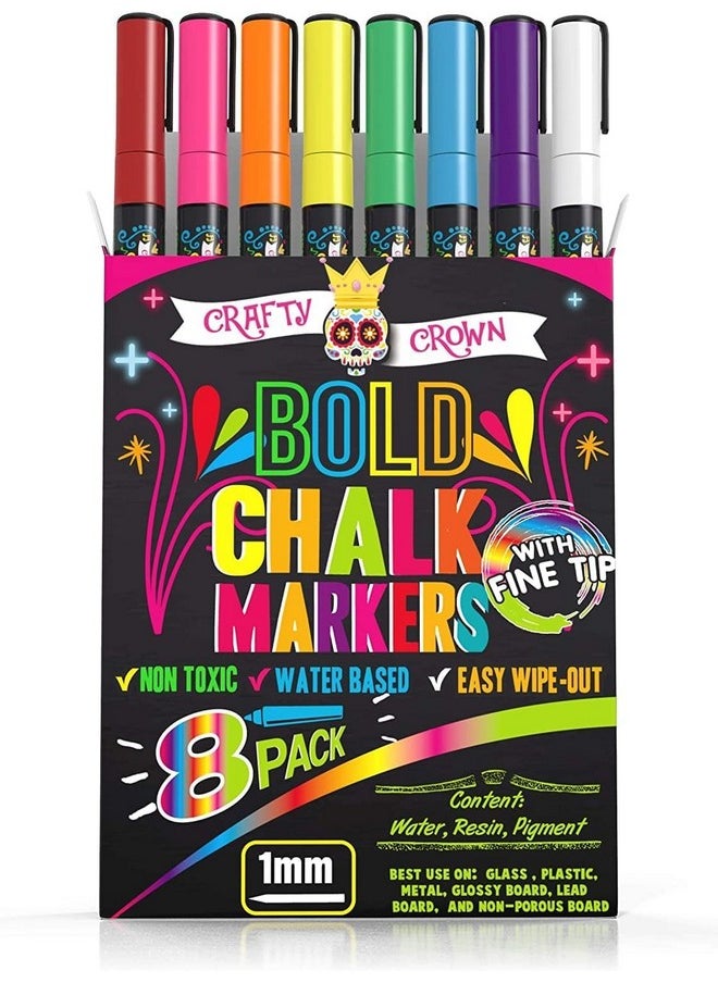CHALKY CROWN CHALKY CROWN Bold Chalk Markers - Dry Erase Marker Pens - Liquid Chalk Markers for Chalkboards, Signs, Windows, Blackboard, Glass - Reversible Tip (8 Pack) - (Multicolored, 1mm)  - Image 1