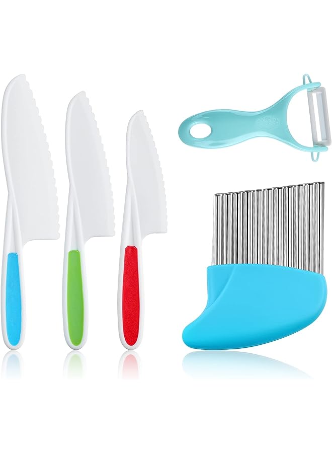 PROMASS Knife Set, Kids Safe Plastic Kitchen Knife in 3 Sizes with Crinkle Cutter and Y Peeler, Kids Knife for Real Cooking Bread Chopping Vegetables Fruits Salad Cake (5Pcs) - Image 1