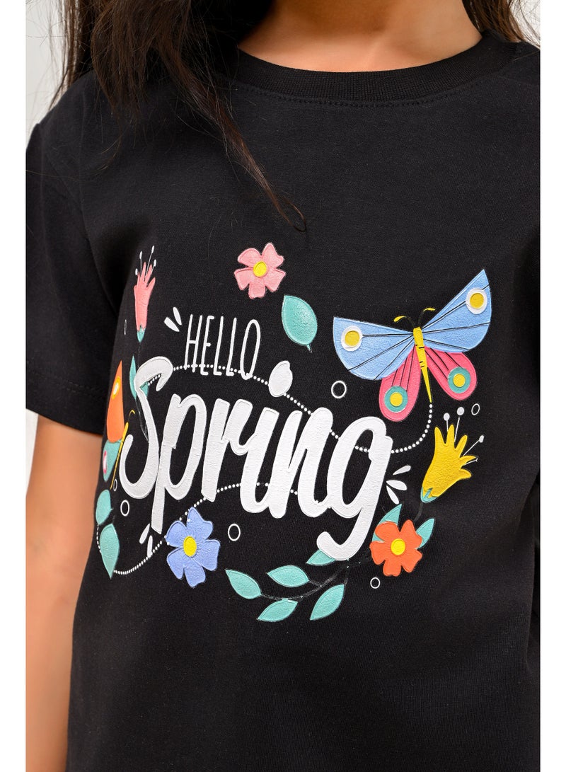 تي شيرت بناتي بطبعة Hello Spring - بأكمام قصيرة - Image 4