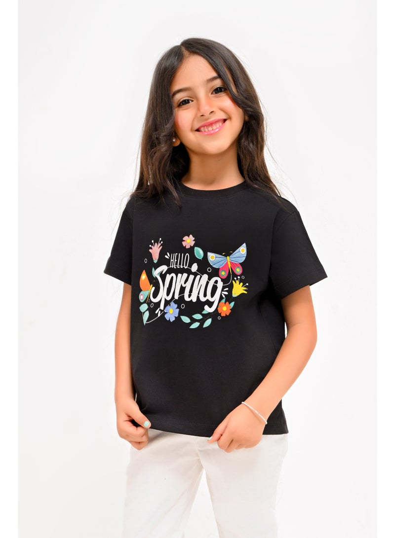 تي شيرت بناتي بطبعة Hello Spring - بأكمام قصيرة - Image 1