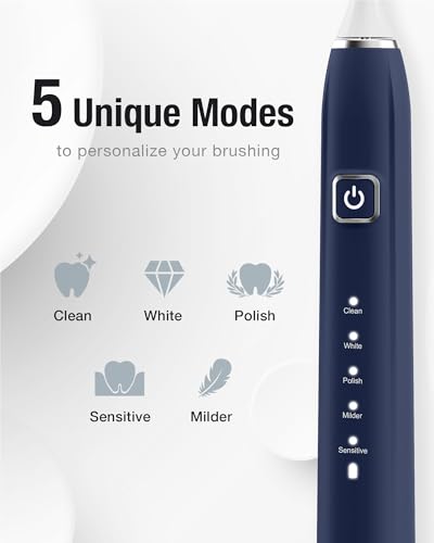 7AM2M Sonic Electric Toothbrush with 6 Brush Heads for Adults&Kids, One Charge for 120 Days, Wireless Fast Charge, 5 Modes, 40000VPM Powered Toothbrush, 2 Minutes Built in Smart Timer (Navy Blue) - Image 3