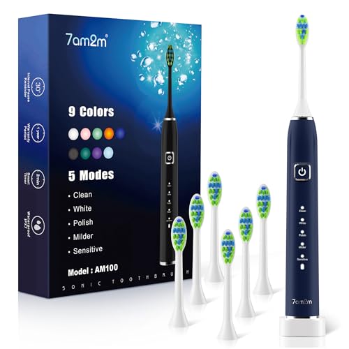 7AM2M Sonic Electric Toothbrush with 6 Brush Heads for Adults&Kids, One Charge for 120 Days, Wireless Fast Charge, 5 Modes, 40000VPM Powered Toothbrush, 2 Minutes Built in Smart Timer (Navy Blue) - Image 1
