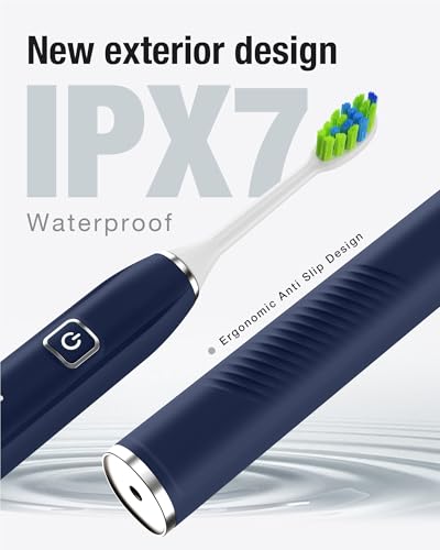 7AM2M Sonic Electric Toothbrush with 6 Brush Heads for Adults&Kids, One Charge for 120 Days, Wireless Fast Charge, 5 Modes, 40000VPM Powered Toothbrush, 2 Minutes Built in Smart Timer (Navy Blue) - Image 4