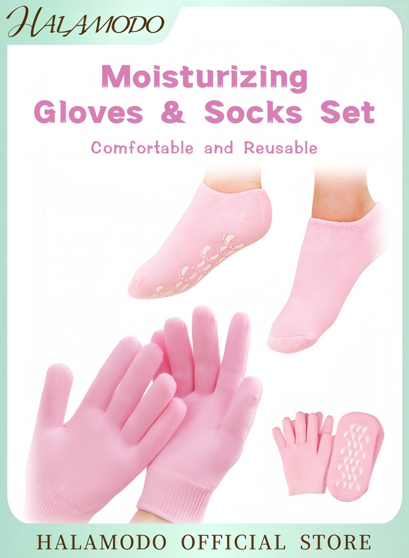 HALAMODO 2 Pcs Moisturizing Gloves and Socks Set Gel Therapy for Dry Cracked Skin Repair and Soften Hands and Feet Spa Skin Care - Image 1
