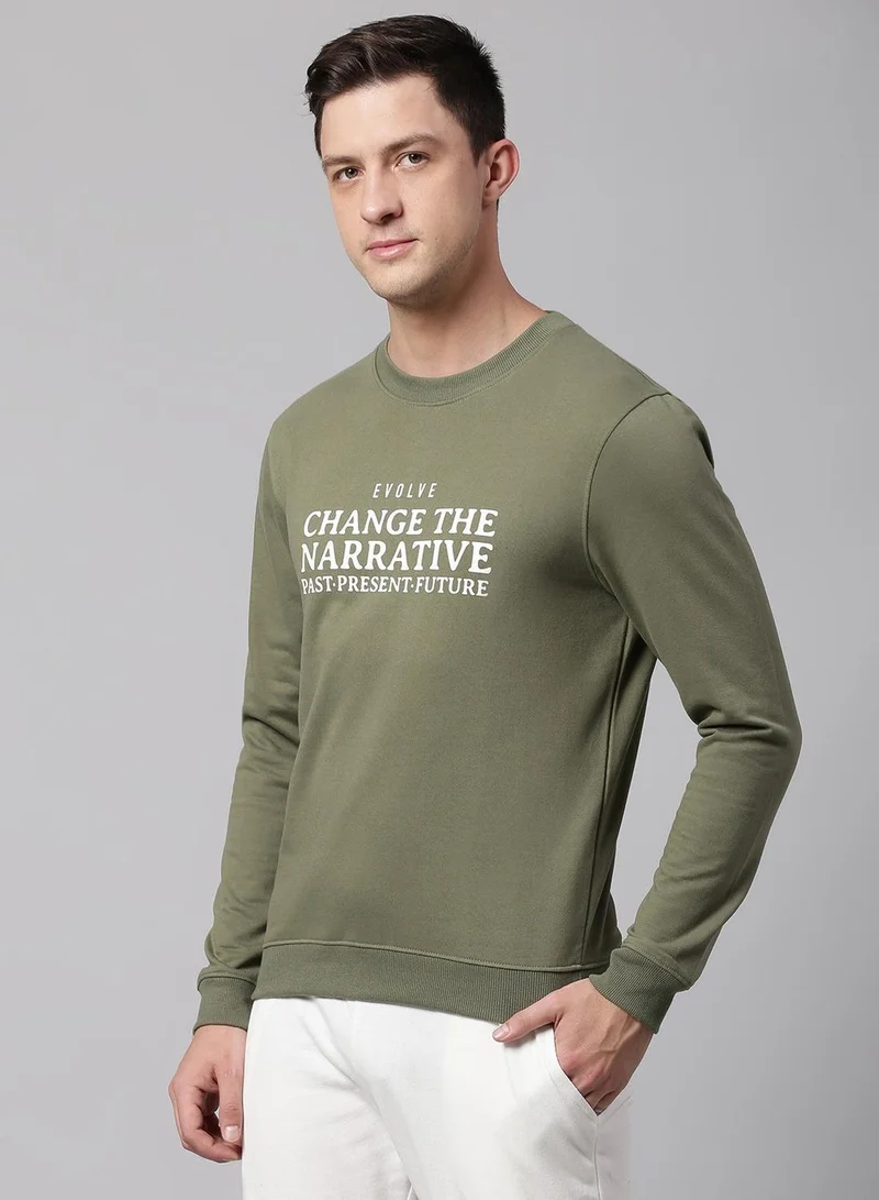 Dennis Lingo Men's Light Olive Polyester Blend Printed Regular Fit Sweatshirt