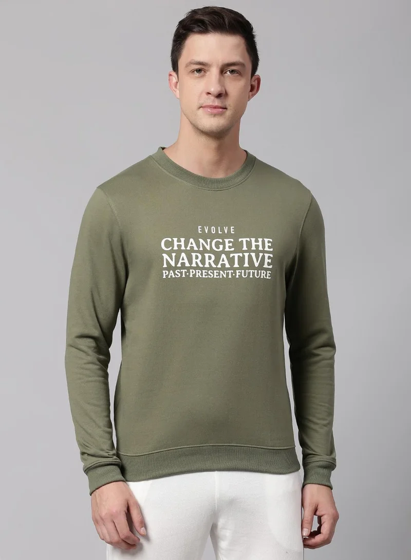 Men's Light Olive Polyester Blend Printed Regular Fit Sweatshirt