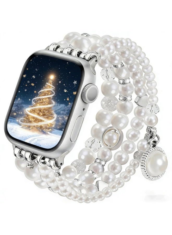 V-MORO Compatible with Apple Watch Band Pearl Series 9/8/7 41mm/40mm Women Fancy Handmade Beaded Elastic Bracelet Bling Jewelry Stretch Strap for iwatch SE Series 6/5/4/3/2/1,Fit for 5.3"-6.2" wrist - Image 1